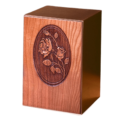 Carved Roses Wood Cremation Urn