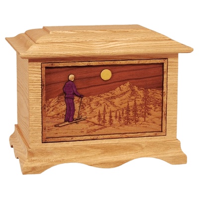 Skiing Oak Cremation Urn 