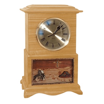 Motorcycle and Cross Clock Oak Cremation Urn
