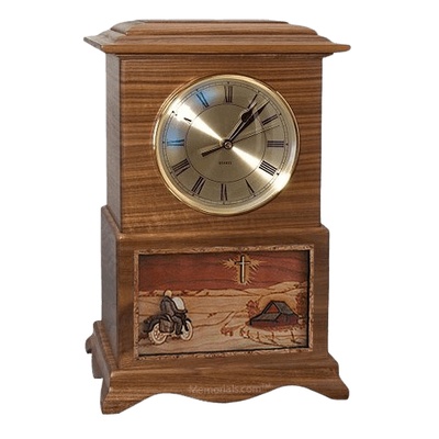 Motorcycle and Cross Clock Walnut Cremation Urn