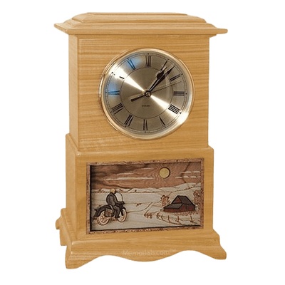 Motorcycle and Farmhouse Clock Oak Cremation Urn