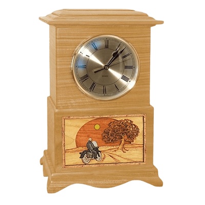 Motorcycle and Sunset Clock Oak Cremation Urn