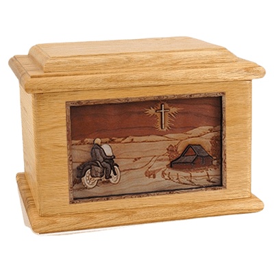 Motorcycle & Cross Oak Memory Chest Cremation Urn