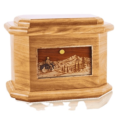 Motorcycle Mountains Oak Octagon Cremation Urn