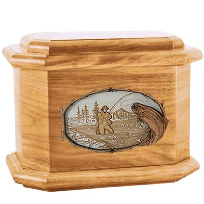 Fly Fishing Oak Octagon Cremation Urn