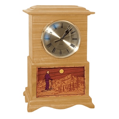 Skiing Clock Oak Cremation Urn