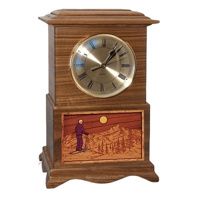 Skiing Clock Walnut Cremation Urn