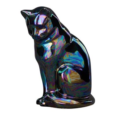 Upright Black Pearl Ceramic Cat Urn