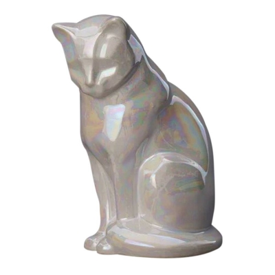 Upright Pearl Ceramic Cat Urn