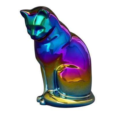 Upright Rainbow Chrome Ceramic Cat Urn