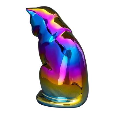 Upright Rainbow Chrome Ceramic Cat Urn
