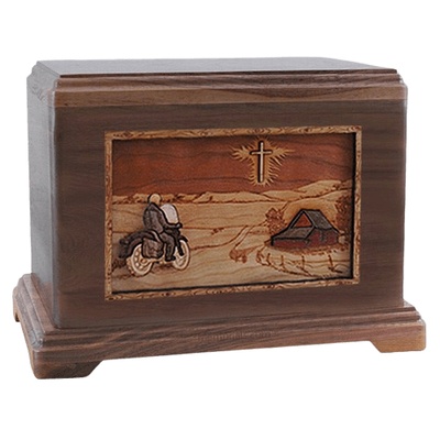 Motorcycle & Cross Walnut Hampton Cremation Urn