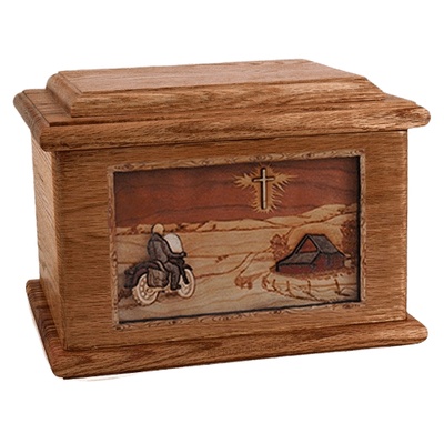Motorcycle & Cross Walnut Memory Chest Cremation Urn